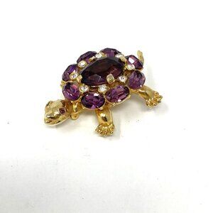 Vintage Gold Tone Turtle 1.5" x 1" Amethyst Rhinestone Brooch Costume Jewelry